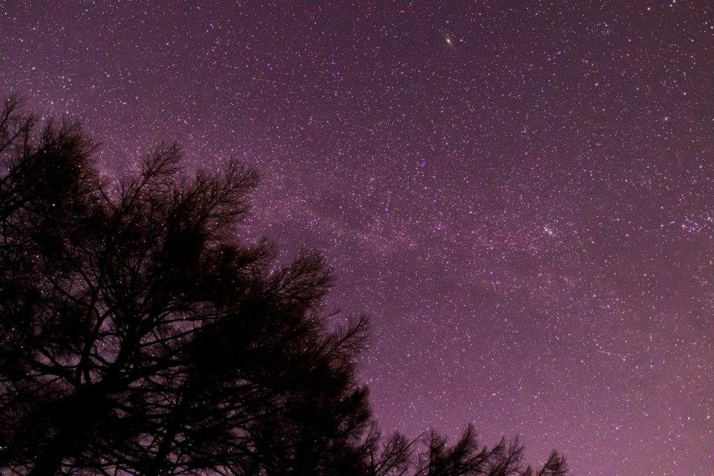 2020年12月17日、信州たてしな 白樺高原の蓼科第二牧場から北の方向、夜の星空風景。天の川とカシオペヤ座、アンドロメダ銀河など。